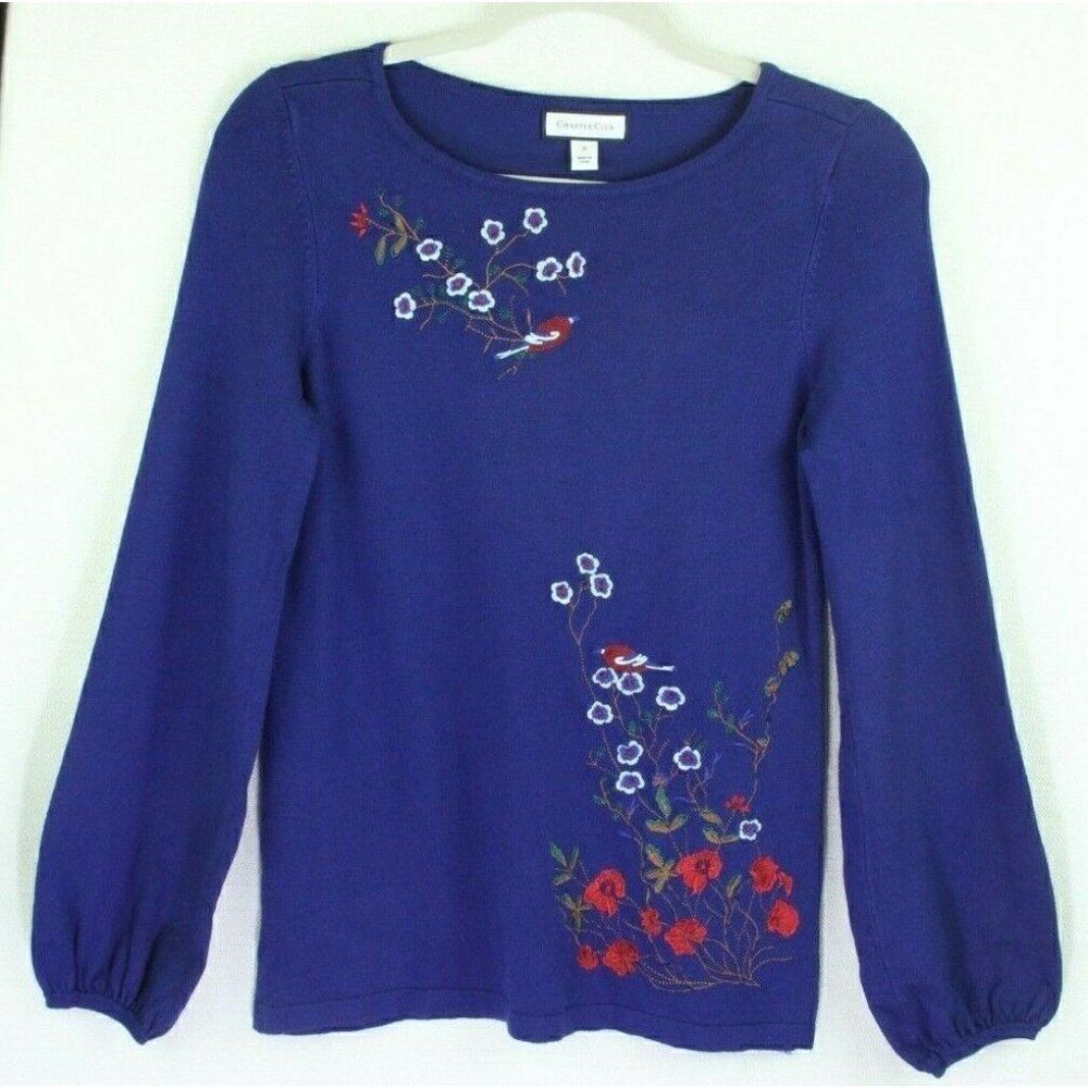 Charter Club Sweater Birds Floral Embroidered Pullover Womens S